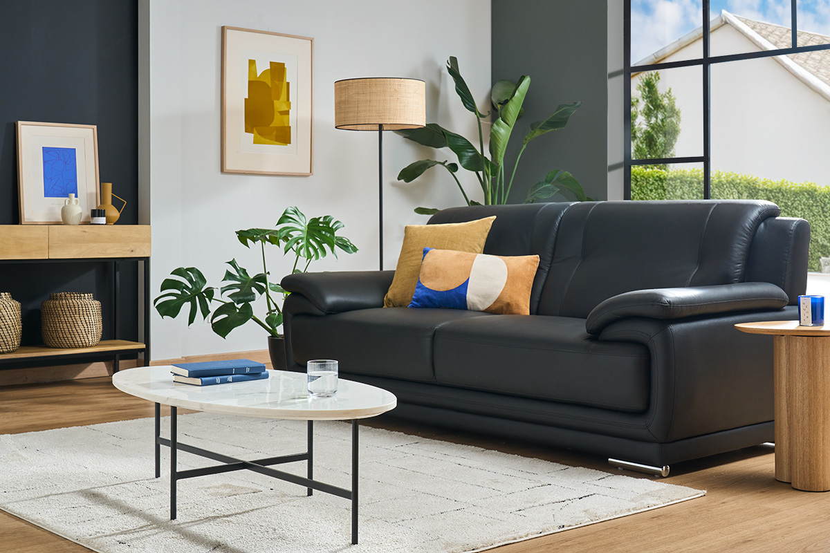 Design-Ledersofa schwarz drei Pltze Bffelleder TAMARA