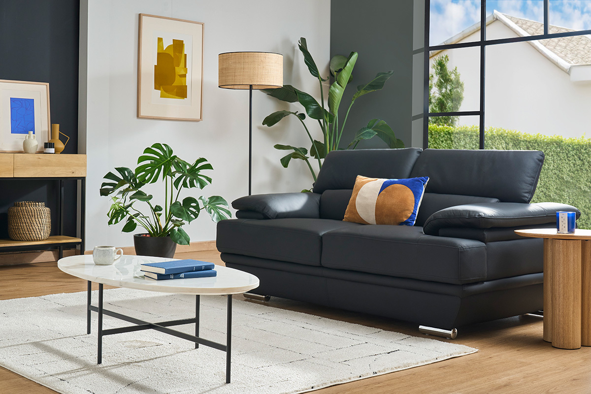 Design-Ledersofa zwei Pltze verstellbares Kopfstck Schwarz EWING - Bffelleder