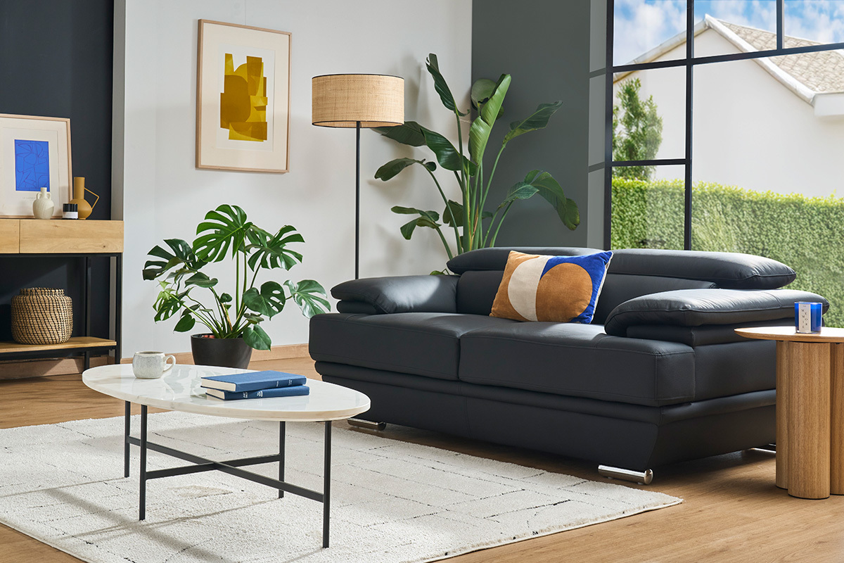 Design-Ledersofa zwei Pltze verstellbares Kopfstck Schwarz EWING - Bffelleder