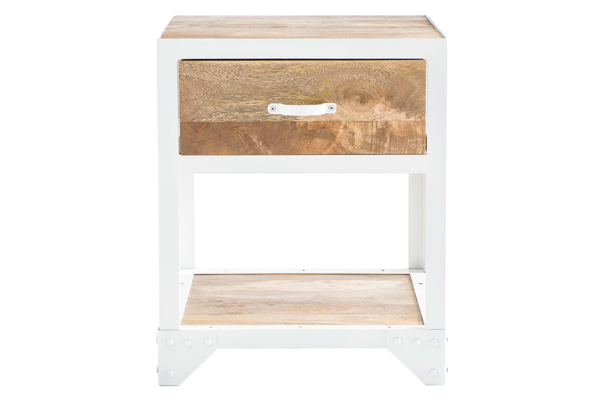 Design-Nachttisch PUKKA aus Mangoholz und weiem Metall