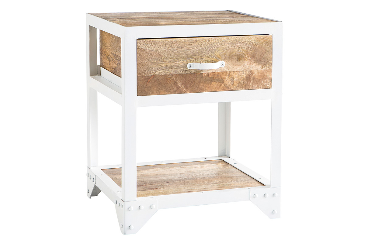 Design-Nachttisch PUKKA aus Mangoholz und weiem Metall
