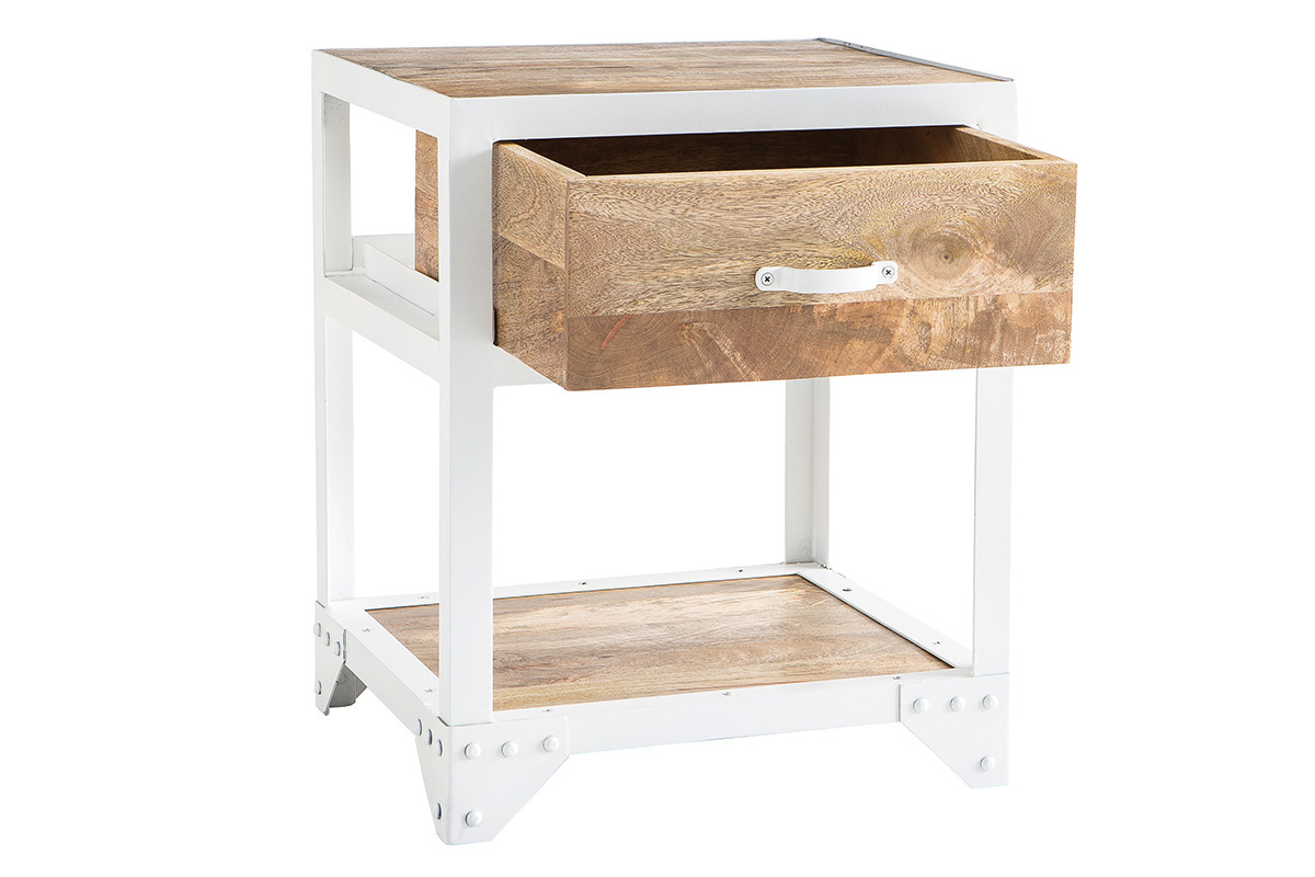 Design-Nachttisch PUKKA aus Mangoholz und weiem Metall