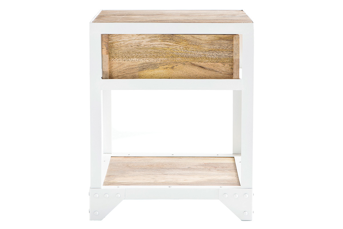 Design-Nachttisch PUKKA aus Mangoholz und weiem Metall