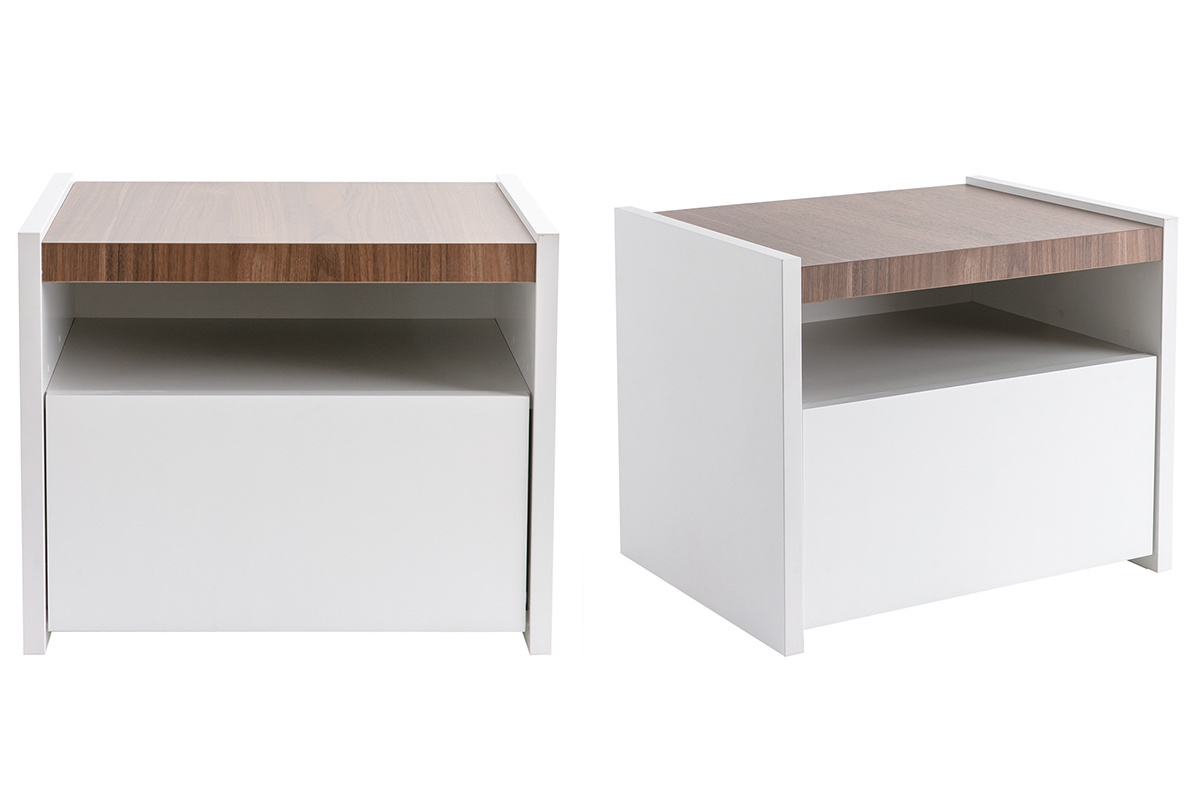 Design-Nachttische mit Schublade wei und Walnussoptik (2er-Set) VERDI