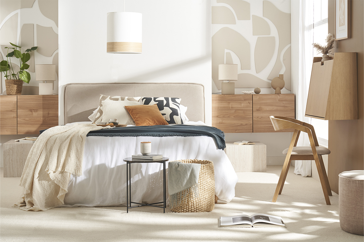 Design-Pendelleuchte aus sandfarbener Baumwolle und heller Eiche D38 cm SOLAR