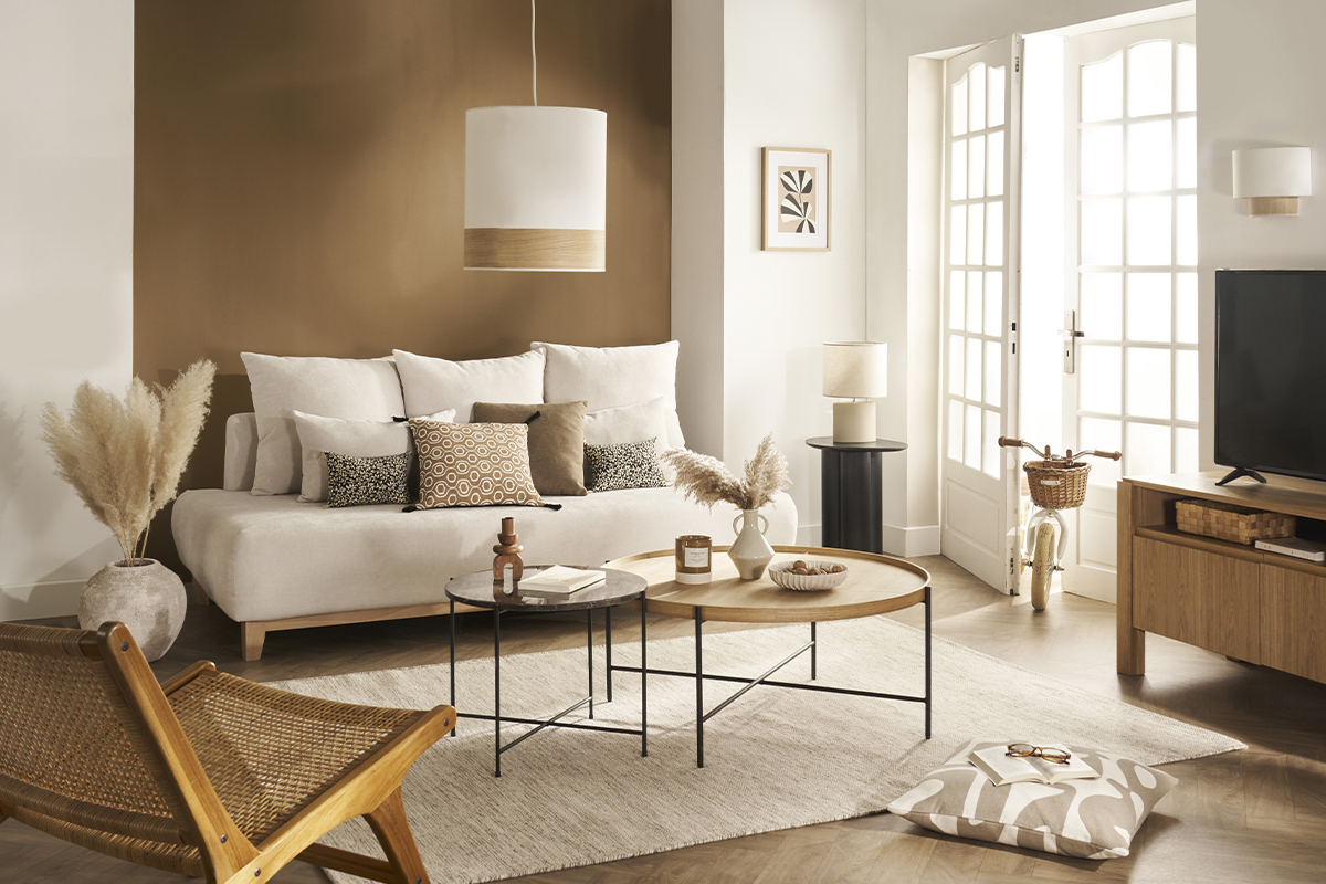 Design-Pendelleuchte aus sandfarbener Baumwolle und Mahagoni D38 cm SOLAR
