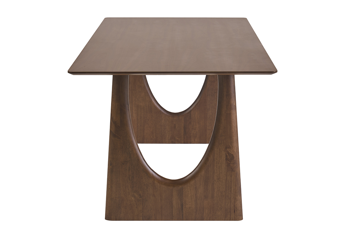 Rechteckiger Esstisch aus dunklem Nussbaumholz, Seitenansicht, modernes Design mit geschnitzten Beinen.