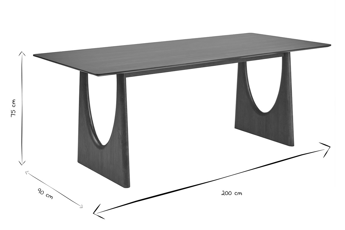 Abmessungen des rechteckigen Esstischs KUALA in Schwarz und Wei�: L200 cm, T90 cm, H75 cm.