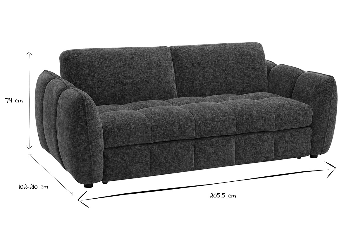 Ma�e des Design-Schlafsofas f�r 3 Personen in Schwarz und Wei�, L205,5 x T102-210 x H79 cm.