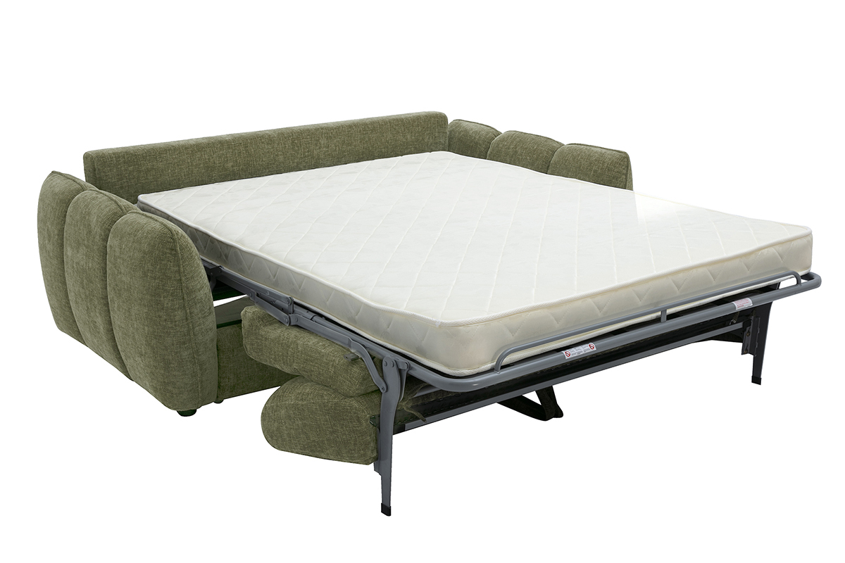 Design-Schlafsofa f�r 3 Personen aus gr�nem khaki Stoff mit samtiger Struktur, Seitenansicht mit ausgeklappter Matratze.
