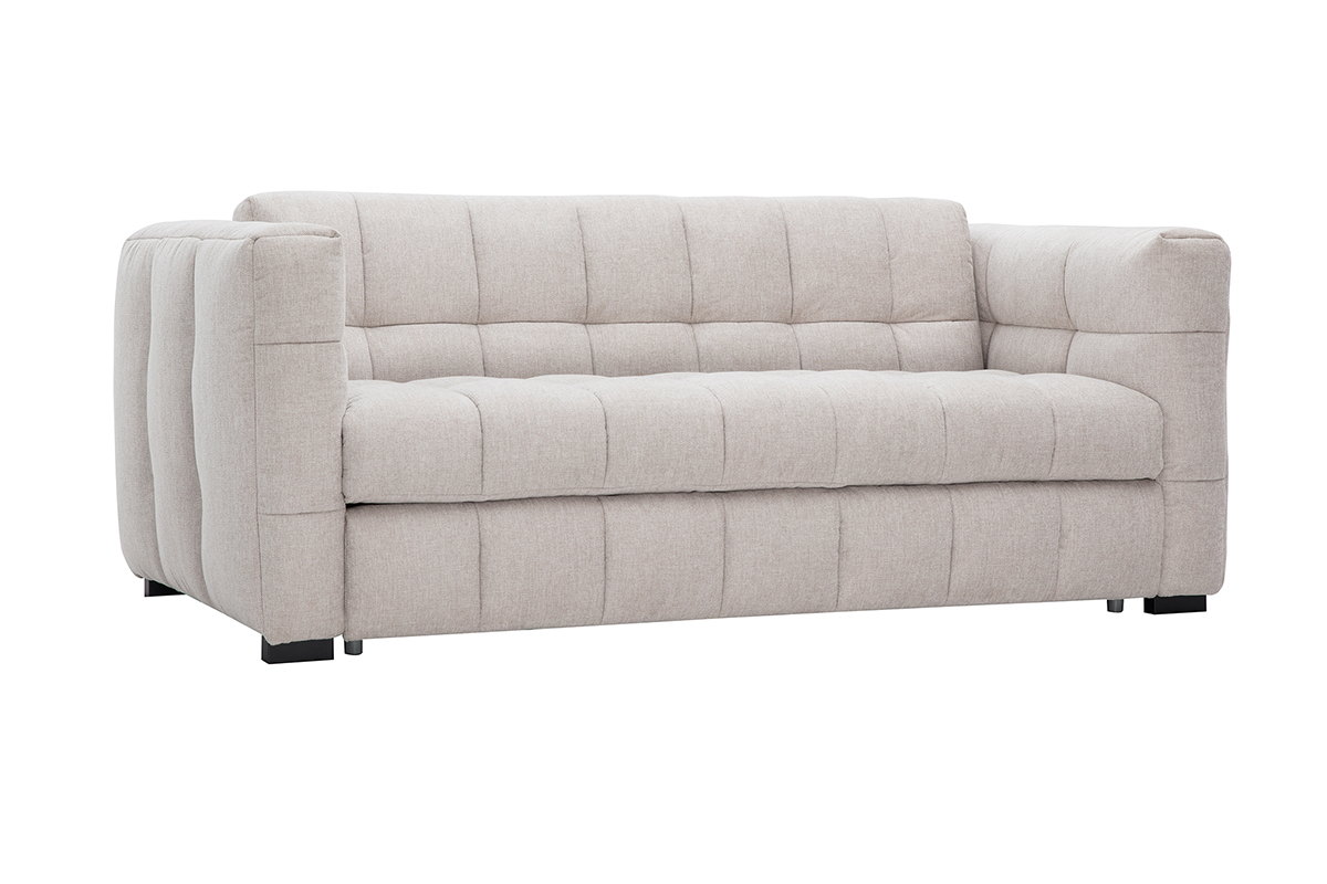 Dreisitzer-Schlafsofa, Stoff in Beige Samtoptik, Ansicht von vorne/Seite.