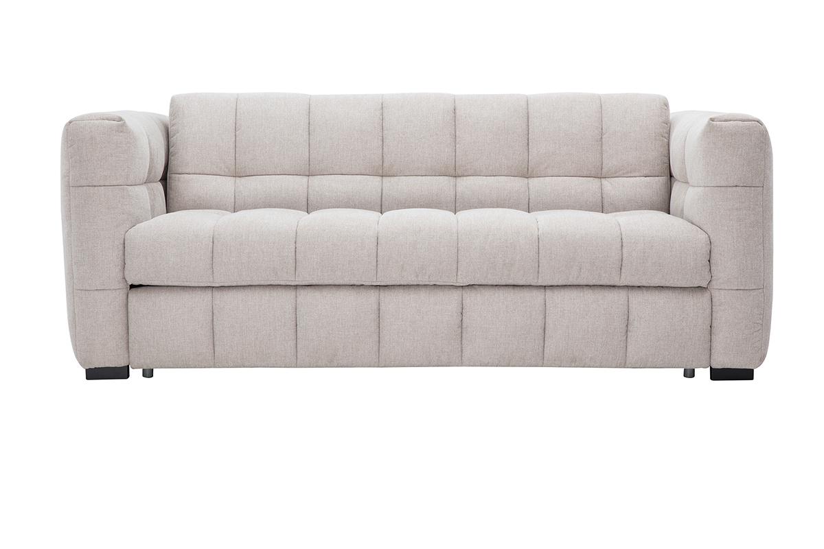 Design-Schlafsofa f�r 3 Personen in beigem Samtstoff, Frontansicht.