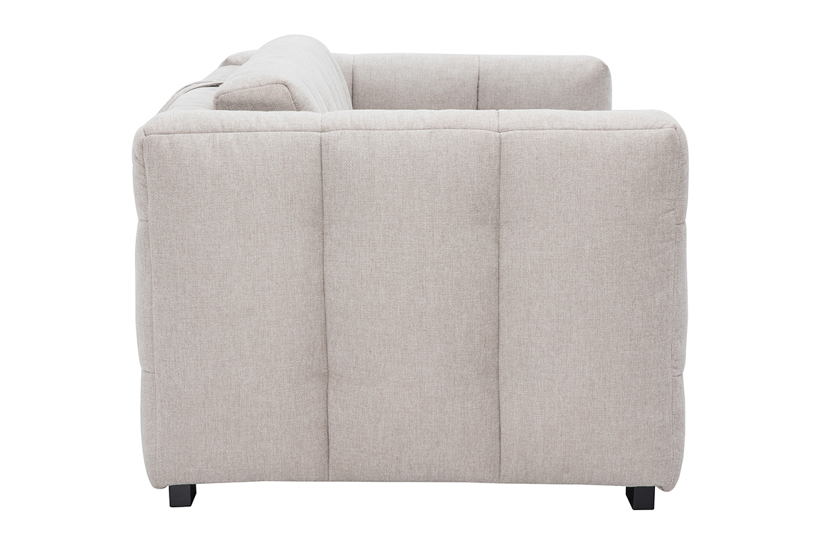 Seitliche Ansicht eines beigen Schlafsofas mit Samteffekt.