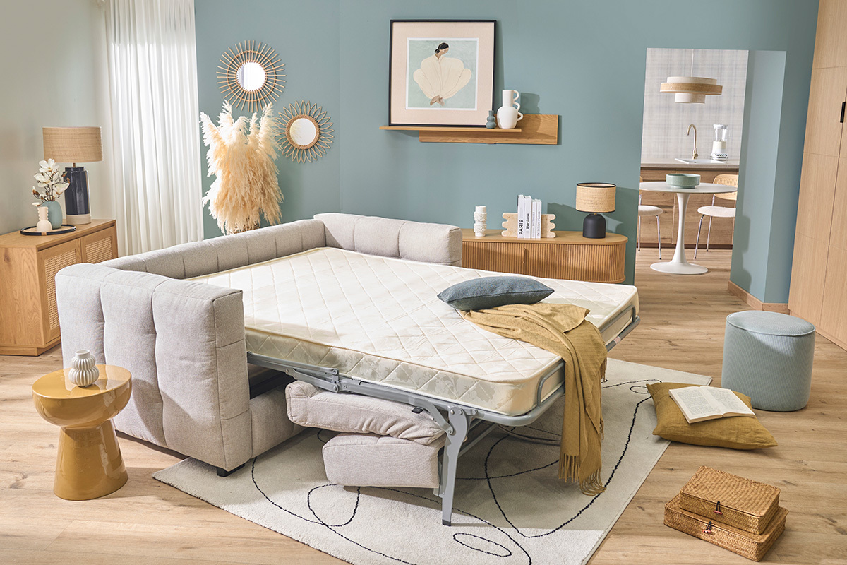 Design-Schlafsofa f�r 3 Personen aus Stoff mit samtigem Struktureffekt in Beige CORTO