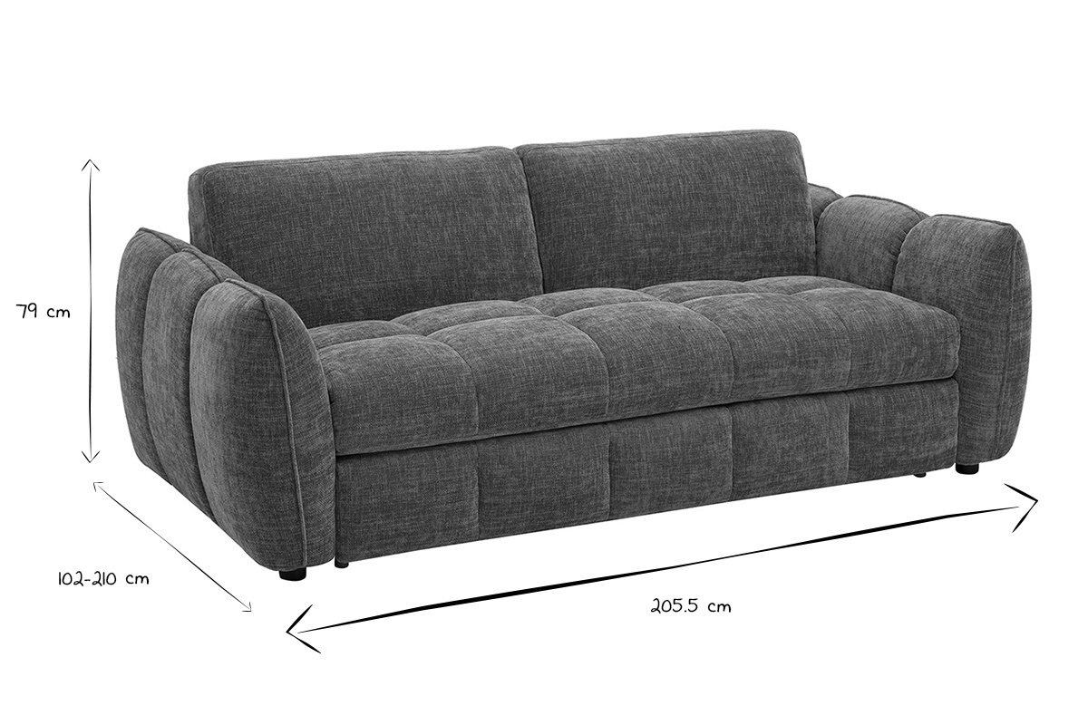 Abmessungen des Schlafsofas WONDER in Schwarz und Wei�: B205,5 x T102-210 x H79 cm.