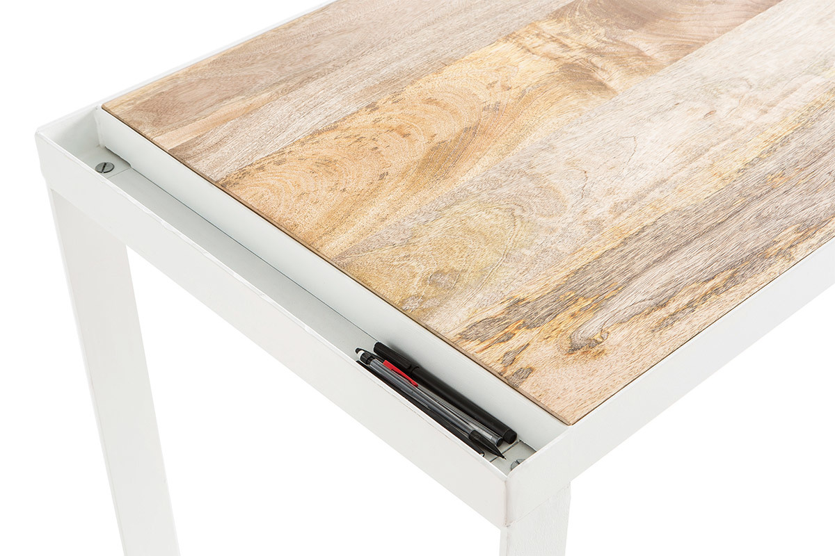 Design-Schreibtisch aus Mangoholz und weiem Metall L150 cm PUKKA