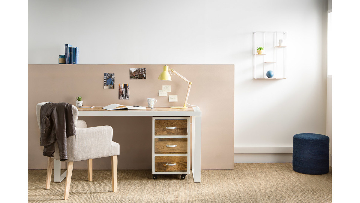 Design-Schreibtisch aus Mangoholz und weißem Metall L150 cm PUKKA
