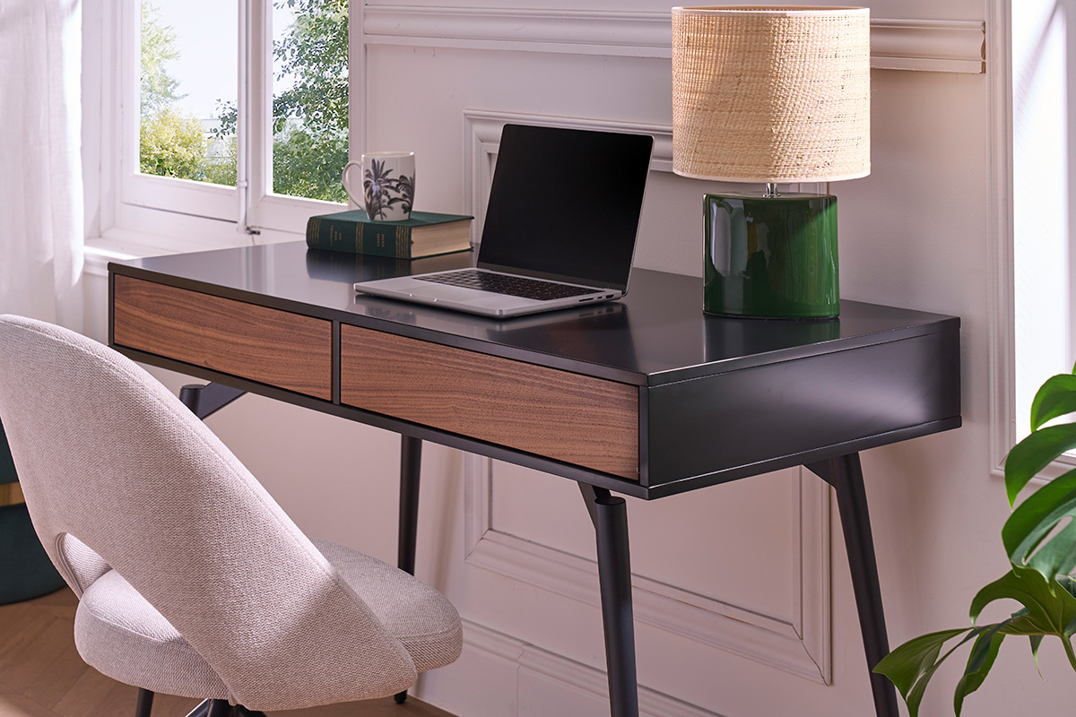 Design-Schreibtisch in mattem Schwarz und Walnussfurnier TRIPOLI