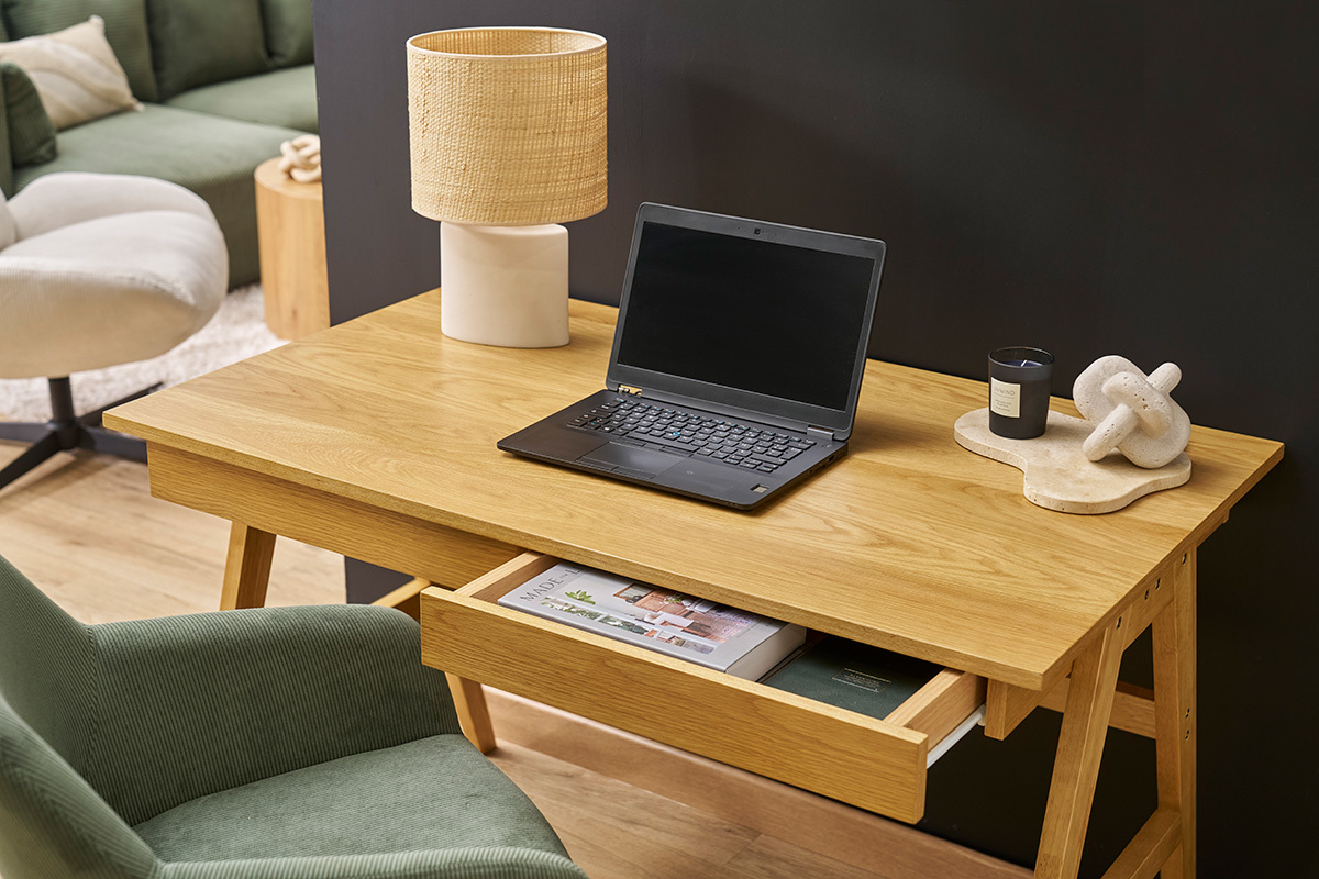 Design-Schreibtisch mit 2 Schubladen aus hellem Hevea-Holz L120 cm BROOK