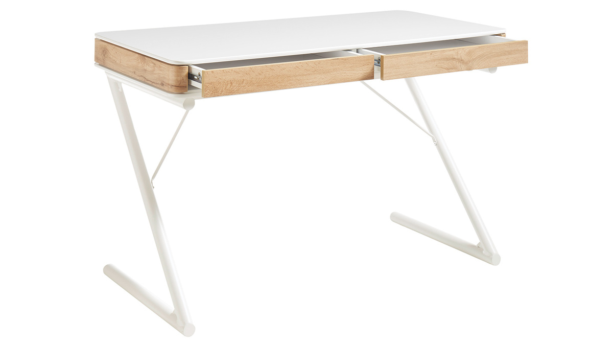 Design-Schreibtisch mit Schubladen mattweiß und Holz L120cm POES