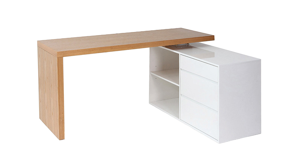 Design-Schreibtisch modulierbar Wei glnzend und Eschenholz NEW MAX