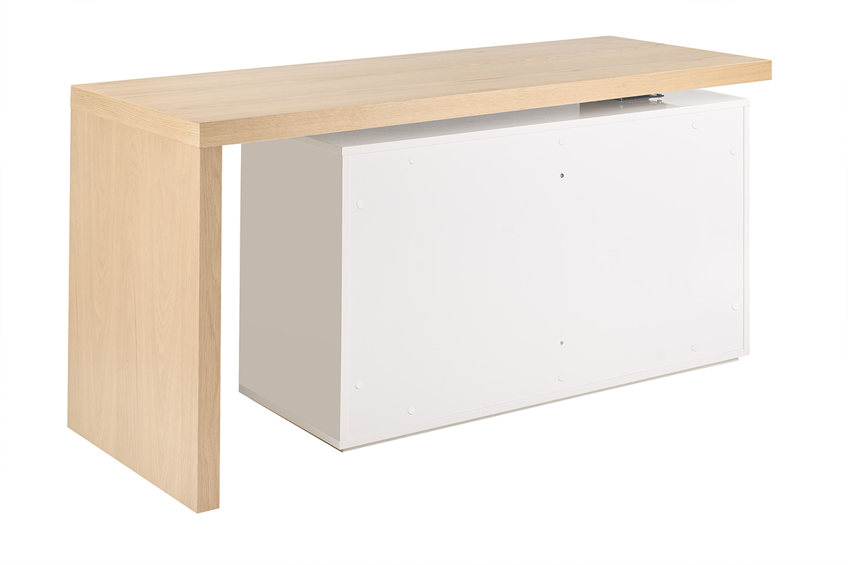 Modulbarer Schreibtisch in Wei� und Holz, R�ckansicht 3/4, L160-235 cm.