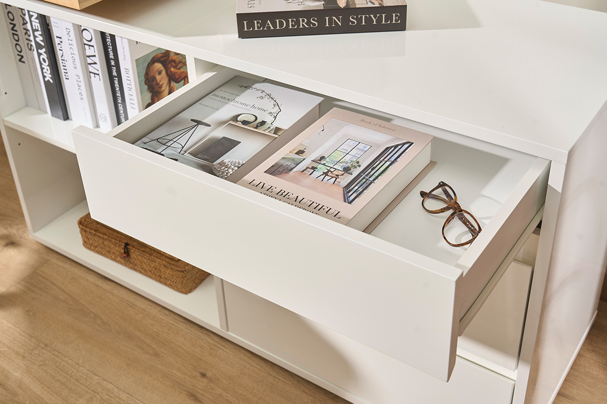 Design-Schreibtisch modulierbar Wei� gl�nzend und Eschenholz NEW MAX