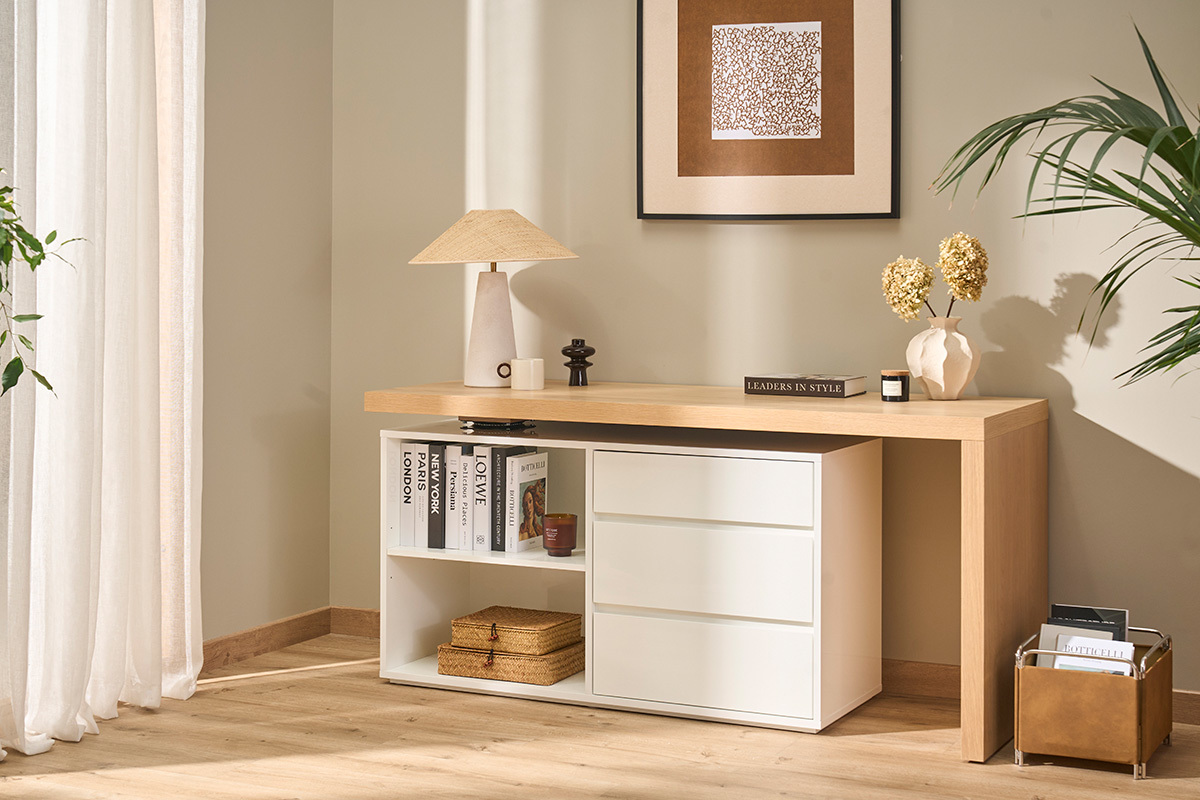 Design-Schreibtisch modulierbar Wei� gl�nzend und Eschenholz NEW MAX