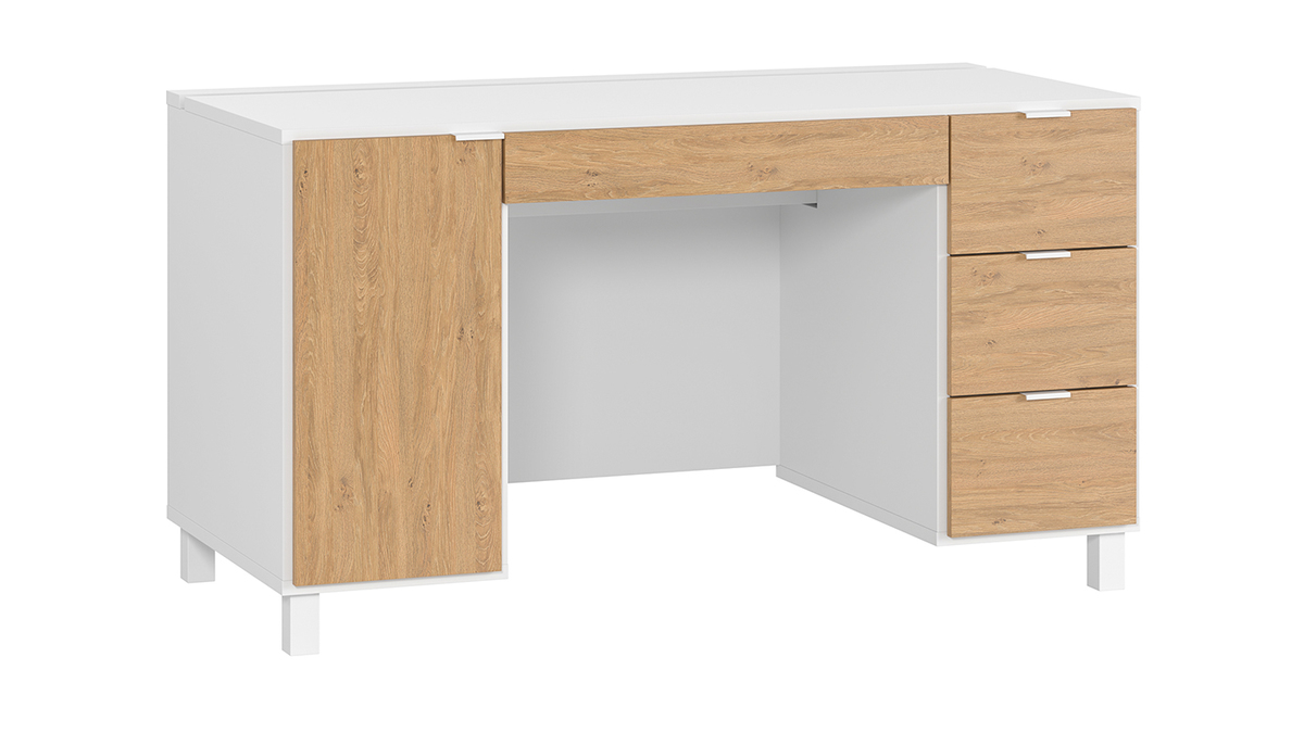 Design-Schreibtisch wei und holzfarben mit Rollcontainer und Schubladen 140 cm GALLO