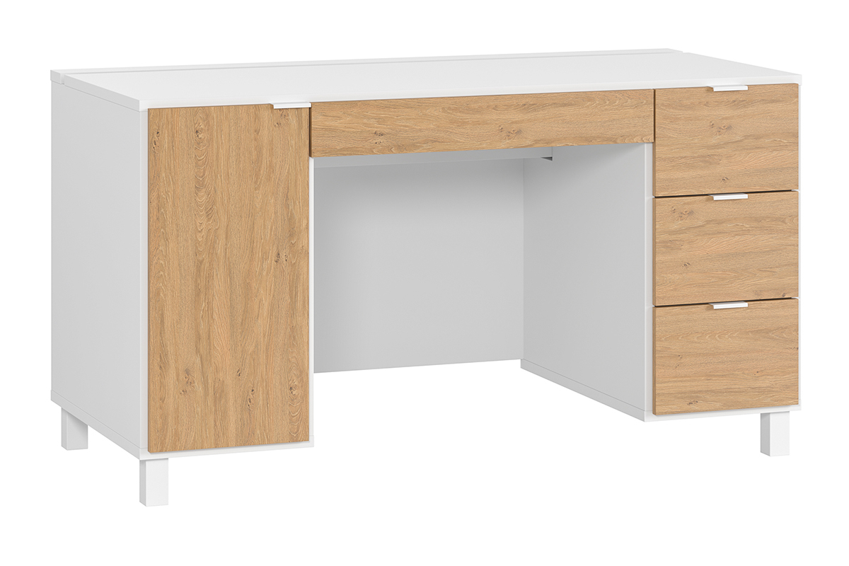 Design-Schreibtisch wei und holzfarben mit Rollcontainer und Schubladen 140 cm GALLO