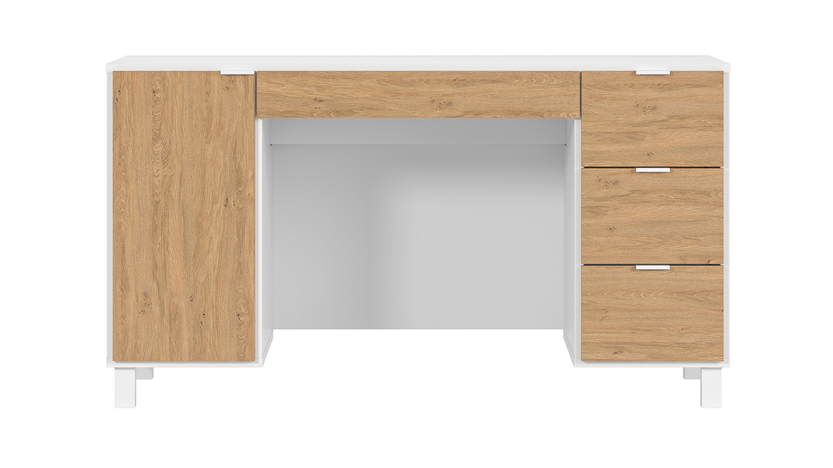 Design-Schreibtisch weiß und holzfarben mit Rollcontainer und Schubladen 140 cm GALLO