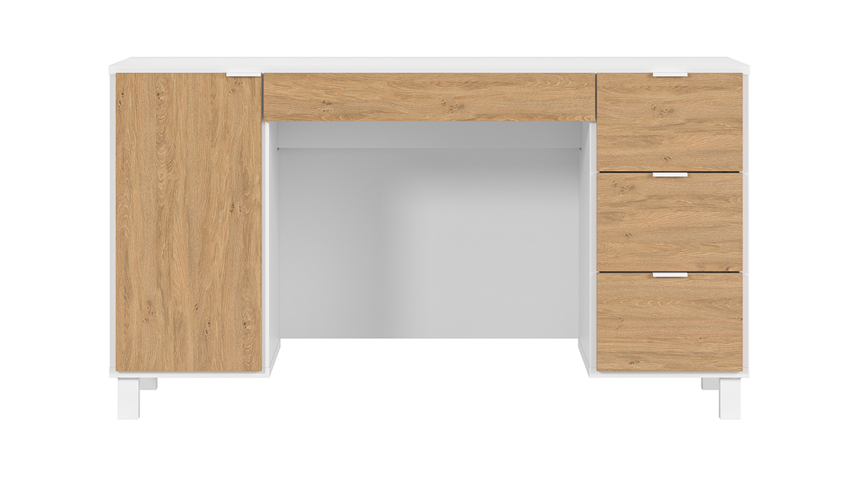 Design-Schreibtisch wei und holzfarben mit Rollcontainer und Schubladen 140 cm GALLO