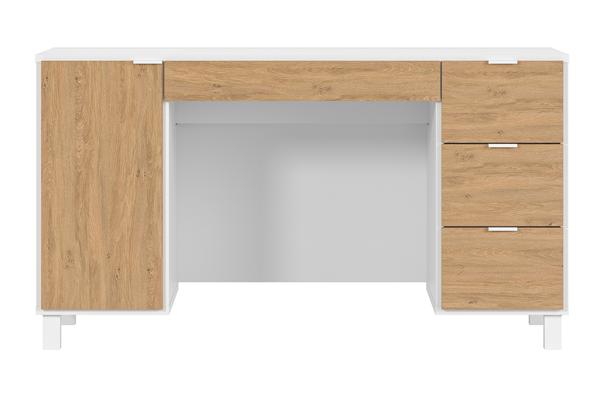 Design-Schreibtisch wei und holzfarben mit Rollcontainer und Schubladen 140 cm GALLO