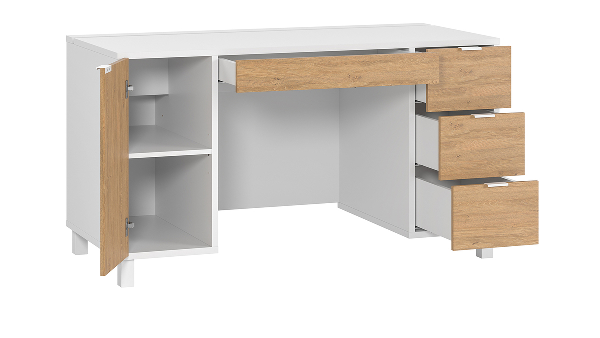 Design-Schreibtisch wei und holzfarben mit Rollcontainer und Schubladen 140 cm GALLO