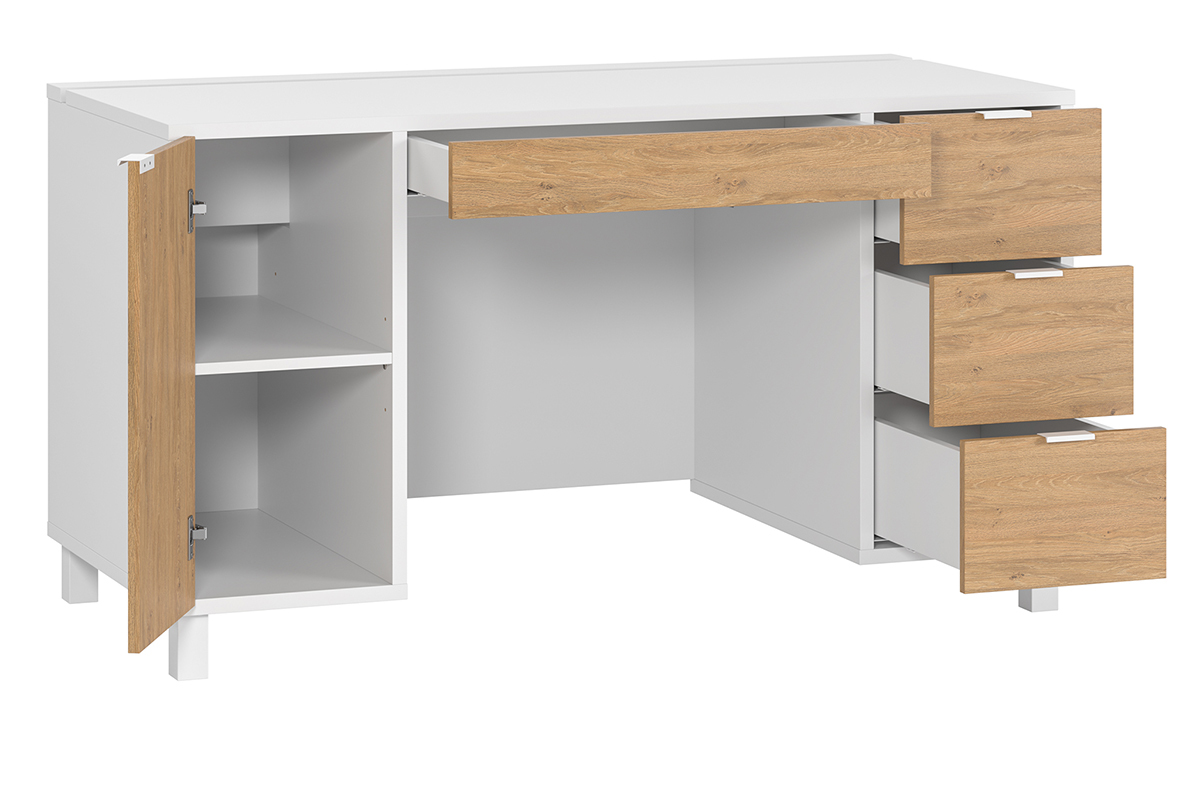 Design-Schreibtisch wei und holzfarben mit Rollcontainer und Schubladen 140 cm GALLO