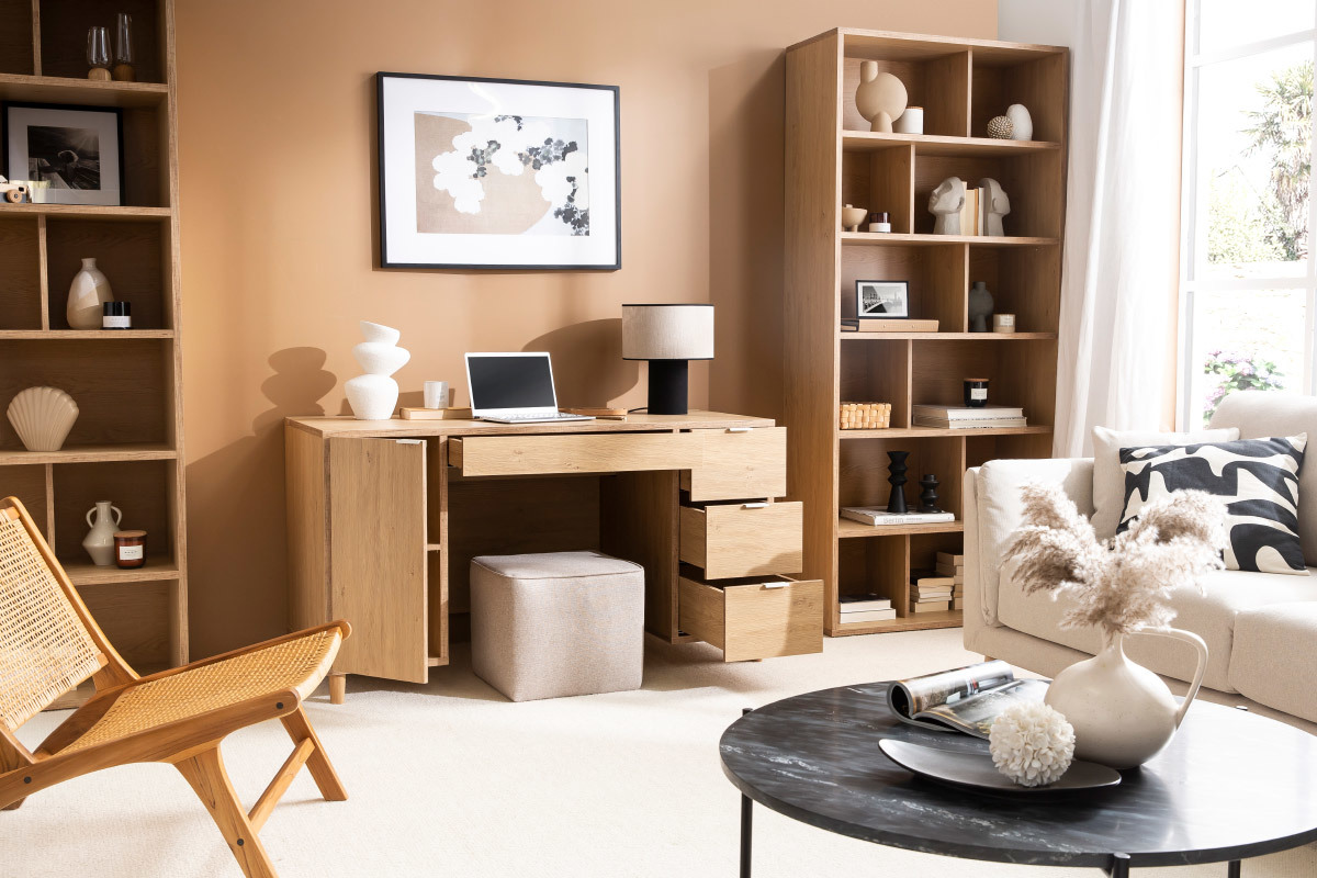 Design-Schreibtisch wei und holzfarben mit Rollcontainer und Schubladen 140 cm GALLO