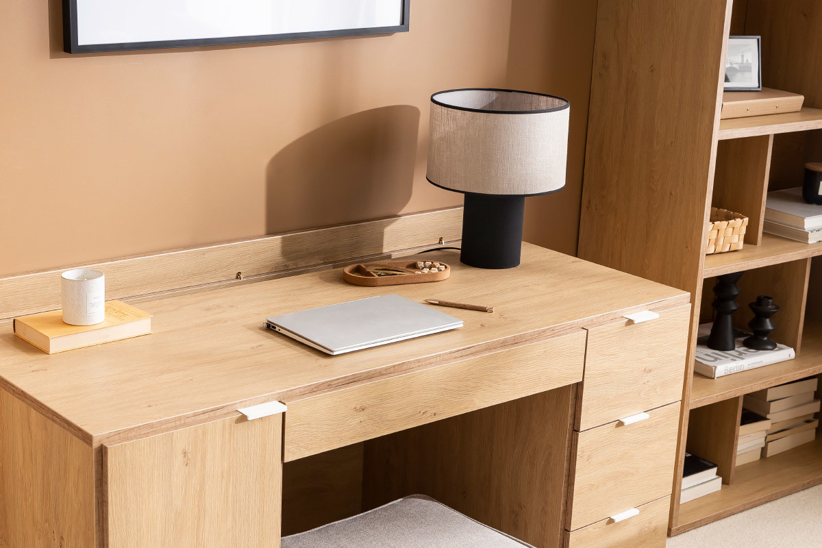 Design-Schreibtisch wei und holzfarben mit Rollcontainer und Schubladen 140 cm GALLO