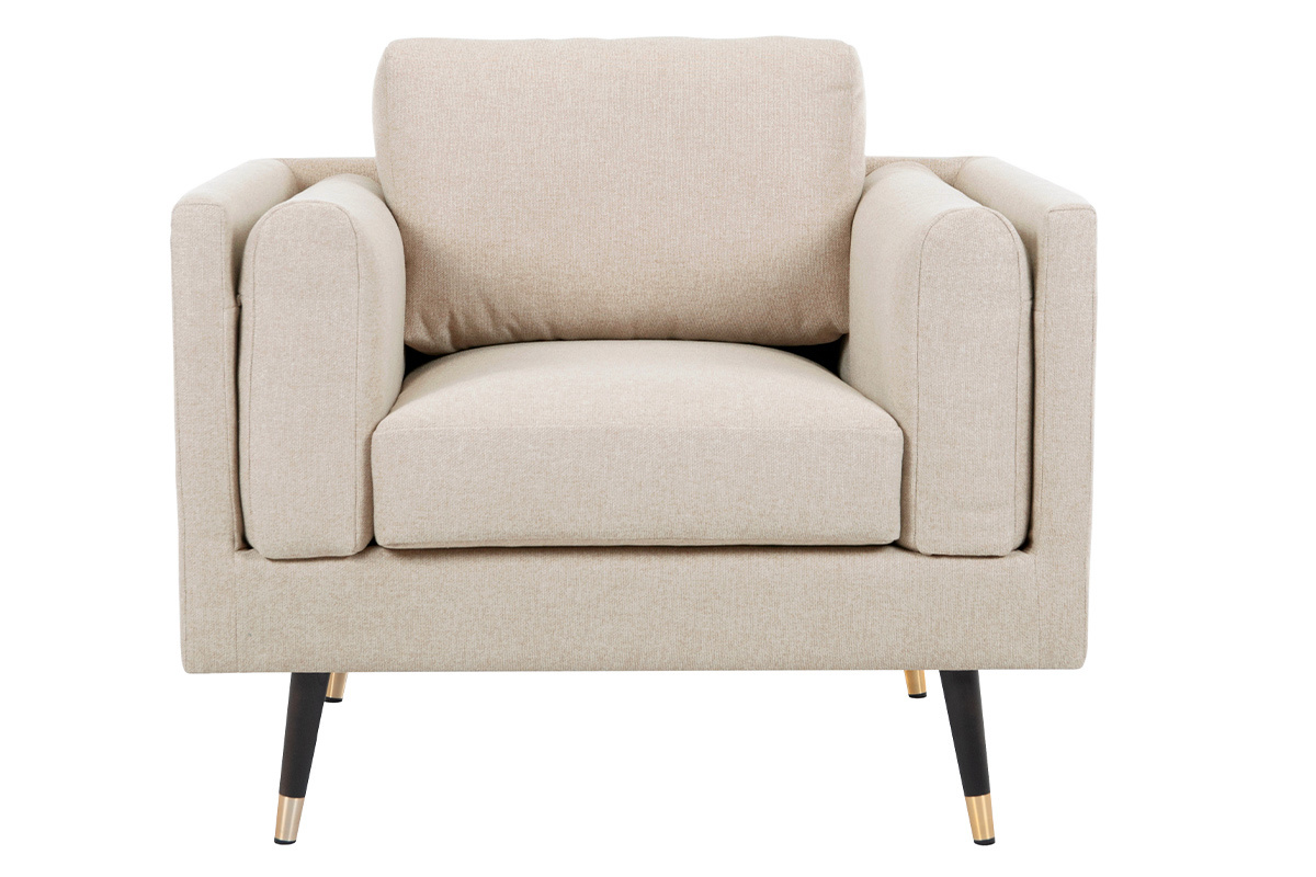 Design-Sessel aus naturbeigem Stoff, schwarzem Holz und vergoldetem Metall STING
