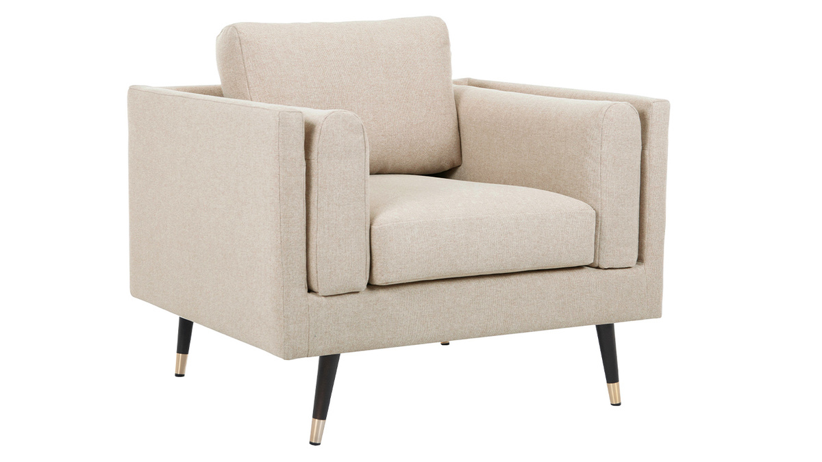 Design-Sessel aus naturbeigem Stoff, schwarzem Holz und vergoldetem Metall STING