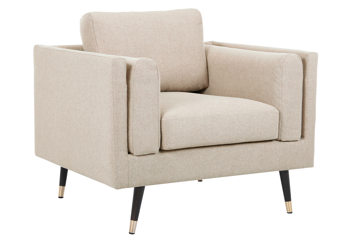 Design-Sessel aus naturbeigem Stoff, schwarzem Holz und vergoldetem Metall STING
