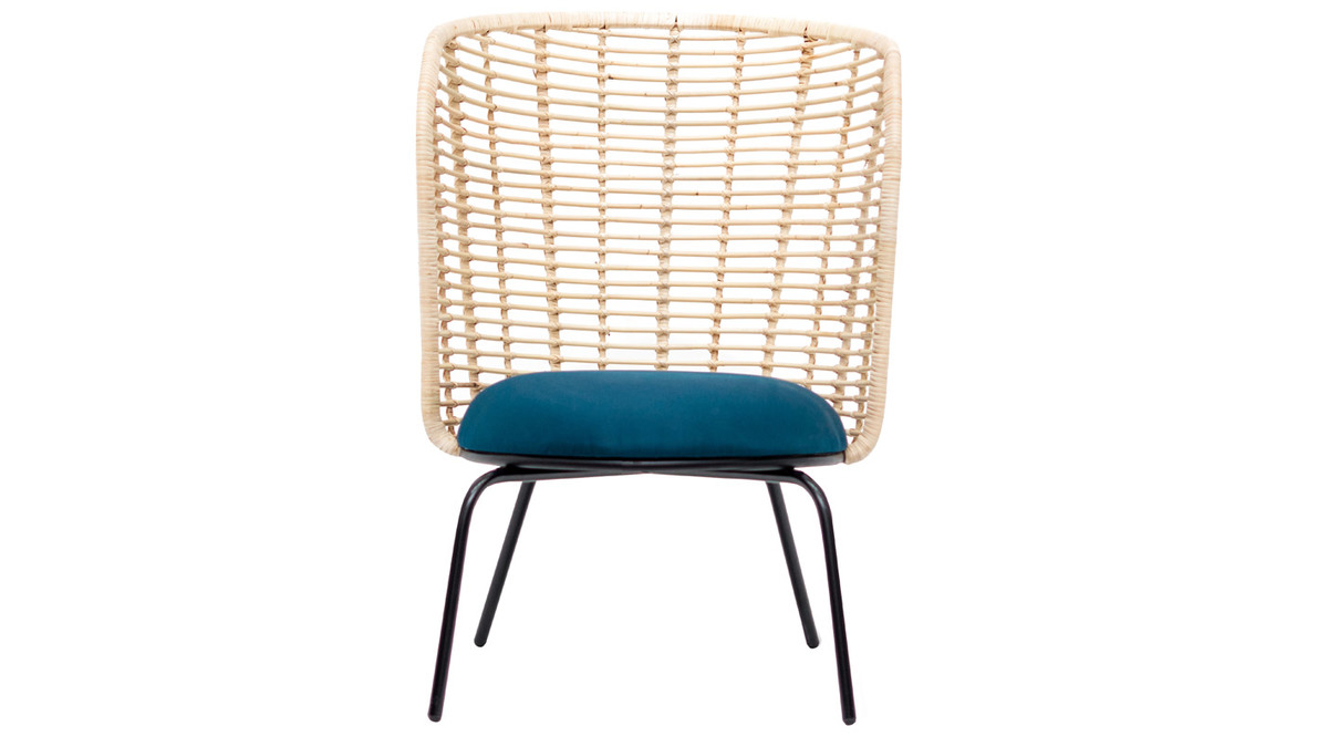Design-Sessel aus Rattan und petrolblauem Stoff NICOLAS