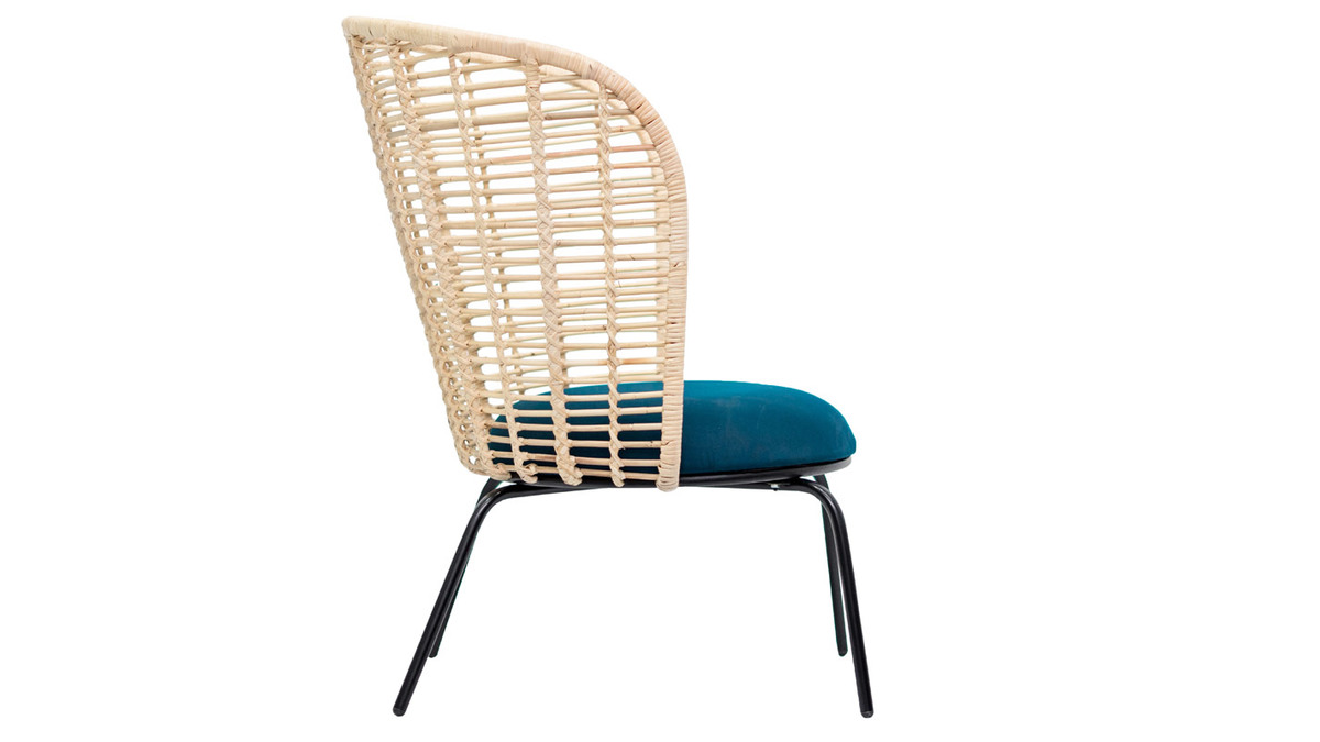 Design-Sessel aus Rattan und petrolblauem Stoff NICOLAS