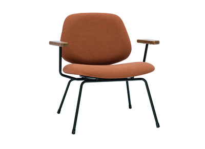 Design-Sessel aus Stoff mit Bouclé-Wolleffekt in Terracotta, schwarzem Metall und dunklem Holz BARNET