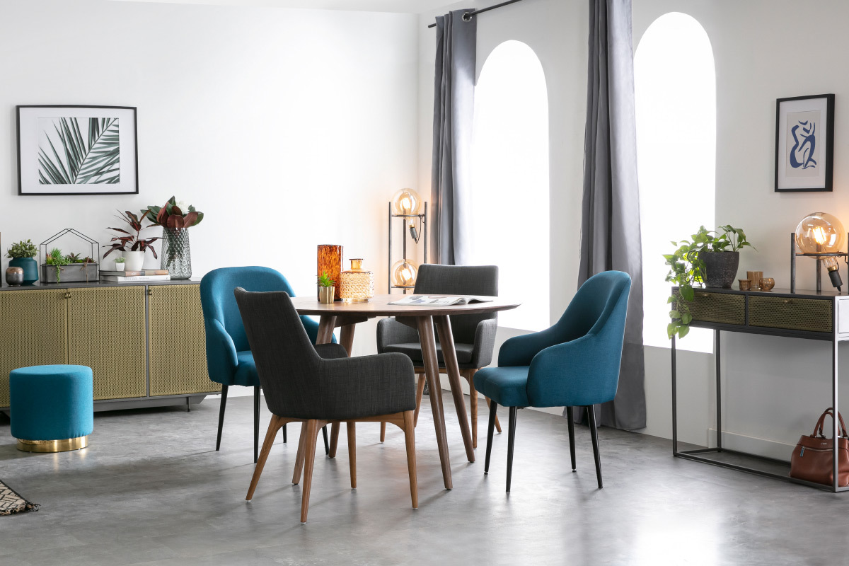 Design-Sessel blaugr�ner Stoff und Metallbeine Schwarz AMON