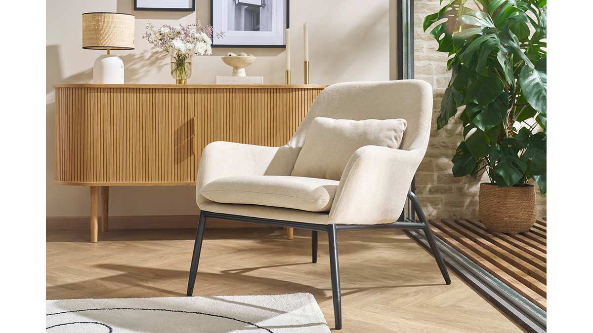Design-Sessel im beigen Samtdesign mit schwarzem Metall MAXINE