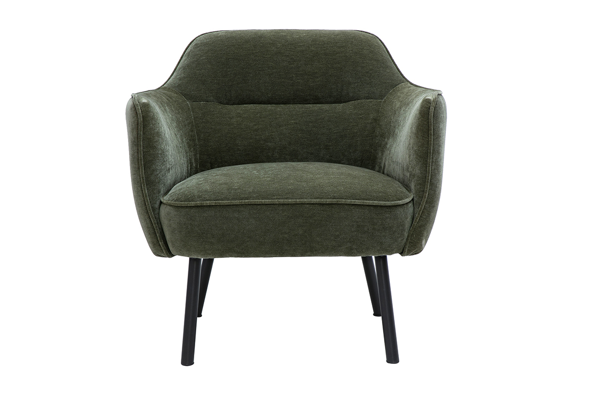 Design-Sessel in Khaki-grnem Samteffekt-Stoff und schwarzem Metall LAURENS