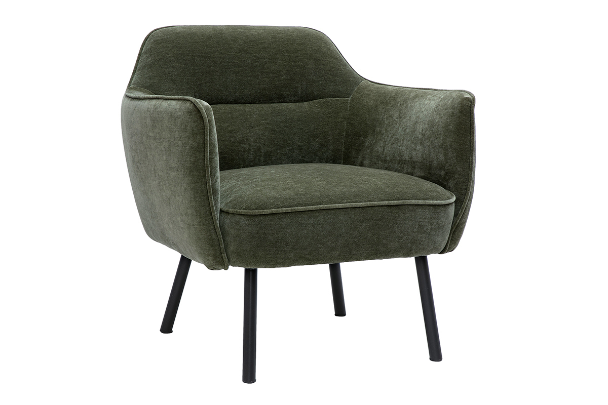 Design-Sessel in Khaki-grnem Samteffekt-Stoff und schwarzem Metall LAURENS