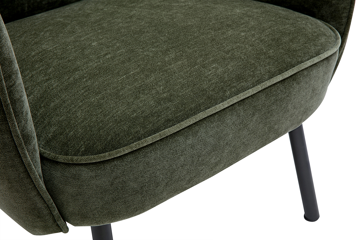 Design-Sessel in Khaki-grnem Samteffekt-Stoff und schwarzem Metall LAURENS