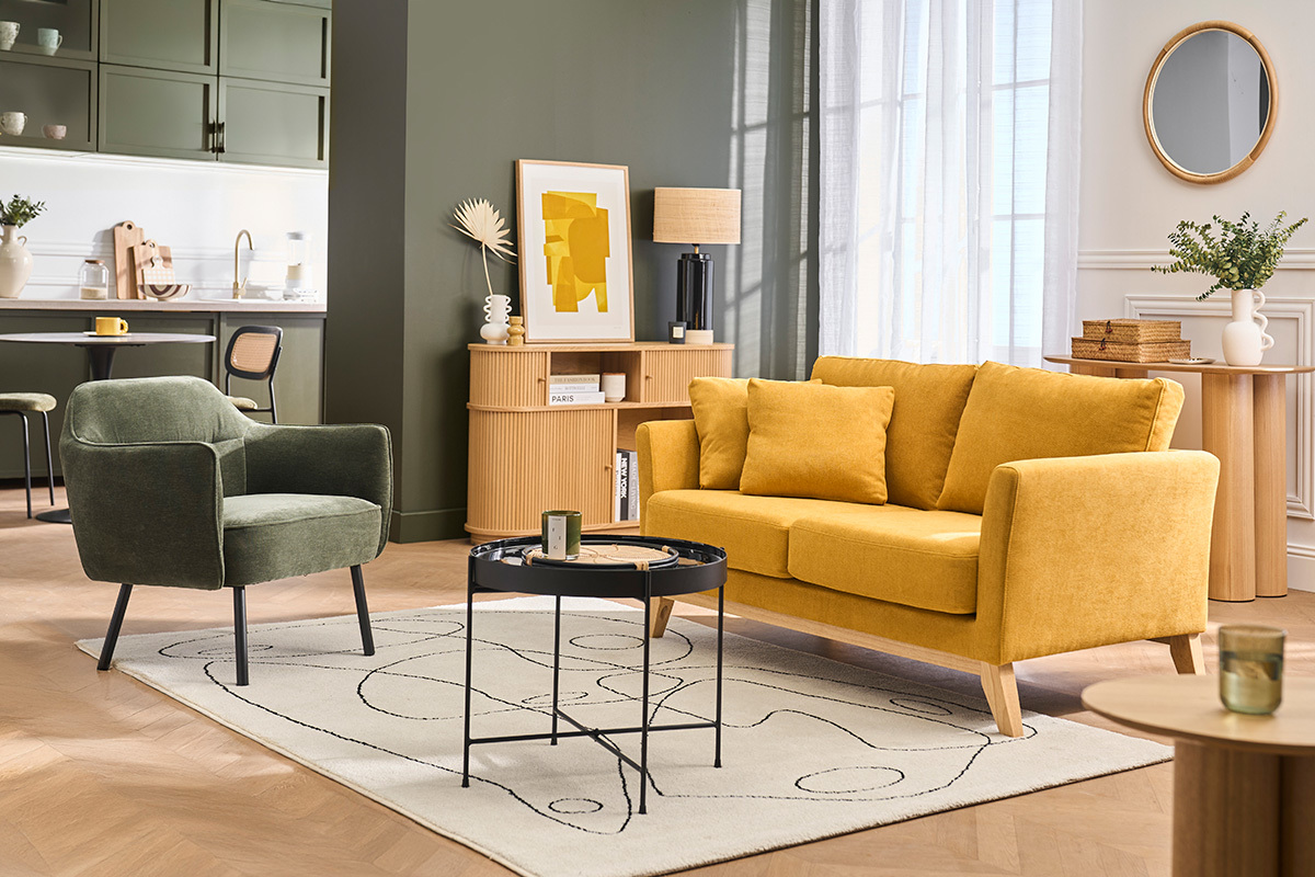 Design-Sessel in Khaki-gr�nem Samteffekt-Stoff und schwarzem Metall LAURENS