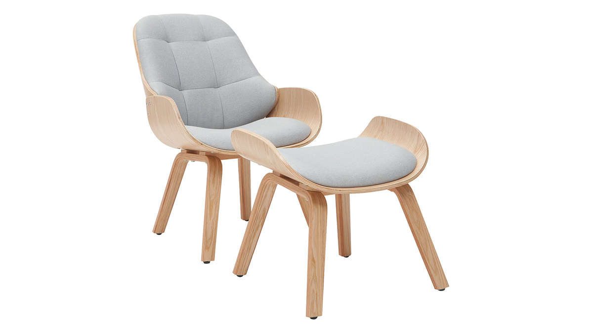 Design-Sessel mit hellgrauem Stoff und Holzfußstütze VIVI